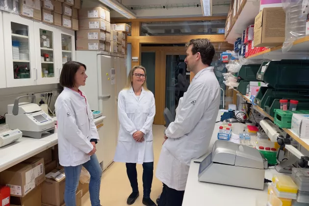Diabetes researchers Tina Rönn, Charlotte Ling and Karl Bacos in the lab. Photograph.